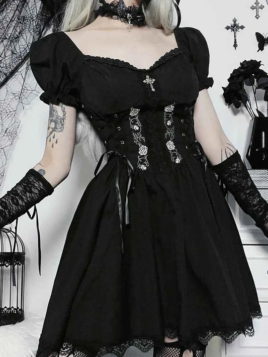 AltGoth Vintage Gothic Princess Dress Women Dark Harajuku Lace Up Cross Corset Dress Streetwear Partywear Lolita Dress Female