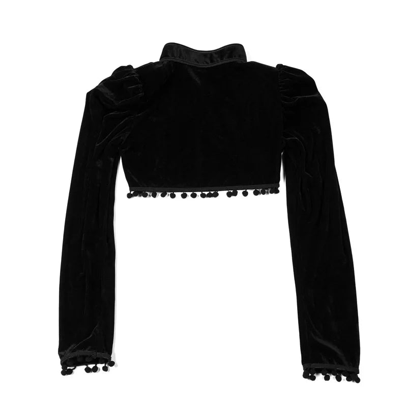 Medieval Steampunk Jacket Black Tassel Stand Collar Short Top Women Gothic Coat Navel-exposed Long Sleeve Retro Slim Fit Coats SS69