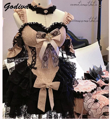 2024 New Spring Summer Ladies Exquisite Lace Skirt Suit Lolita Sweet Womens Black Pink Bow Tube Top Sling Short Cake Skirt Set SS69