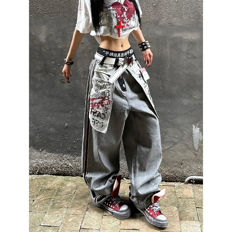 Women's Gothic Y2k Baggy Denim Jeans - Grey Distressed Wash