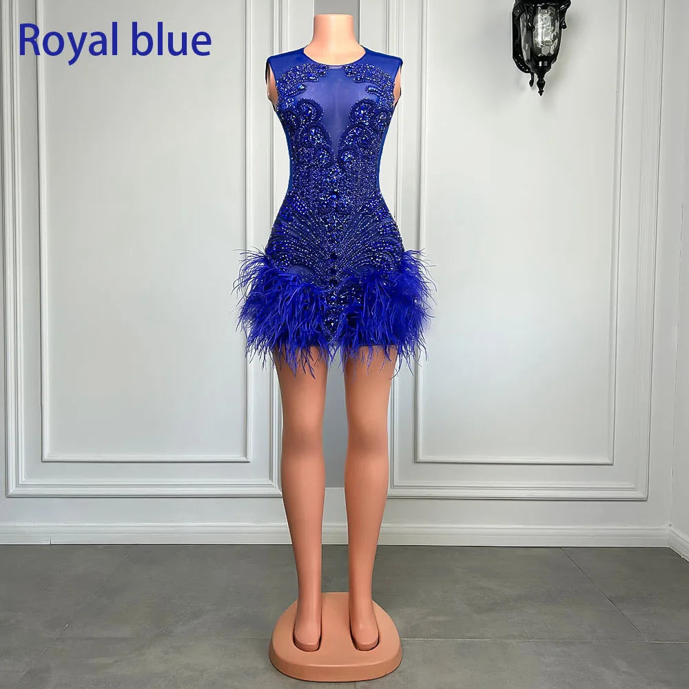 Stunning Sparkly Luxury Diamond Women Birthday Party Cocktail Gowns Sexy Sheer Pink Feather Mini Short Prom Dresses 2025 SS69