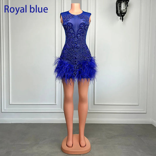 Stunning Sparkly Luxury Diamond Women Birthday Party Cocktail Gowns Sexy Sheer Pink Feather Mini Short Prom Dresses 2025 SS69