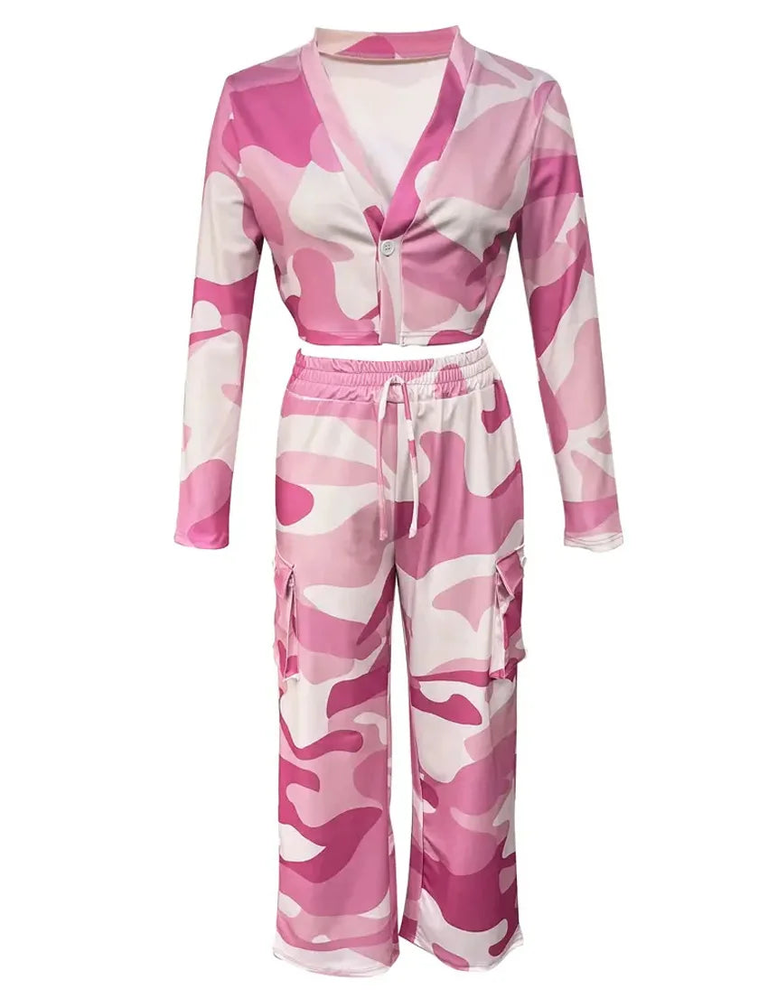 Camo Print Cargo Pants Sets Sexy Crop Tops & Elastic High Waist Wide Leg Trousers Women's Two Pieces Set Casual SweatOutfits SS69