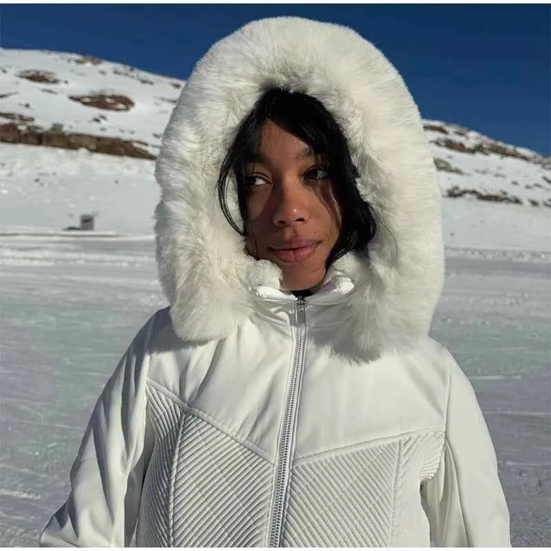 Fashion Solid Warm Ski Suit Women's Hood Fur Trim Full Sleeves Belt Coats High Waist Pants 2025 Winter Lady Windproof Tracksuit