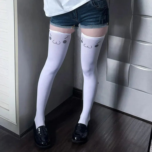 SS69 Japanese Kawaii Expression Thigh High Socks - White Plaid Over Knee