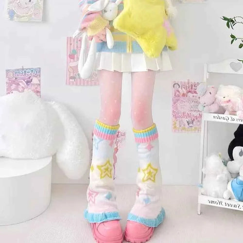 SS69 Japanese Design Y2K Knitted Flared Leg Warmers Colorful Patchwork