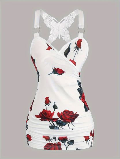 2024 spring and summer Europe and the United States new women's rose print pleated suspenders butterfly lace cross vest. SS69