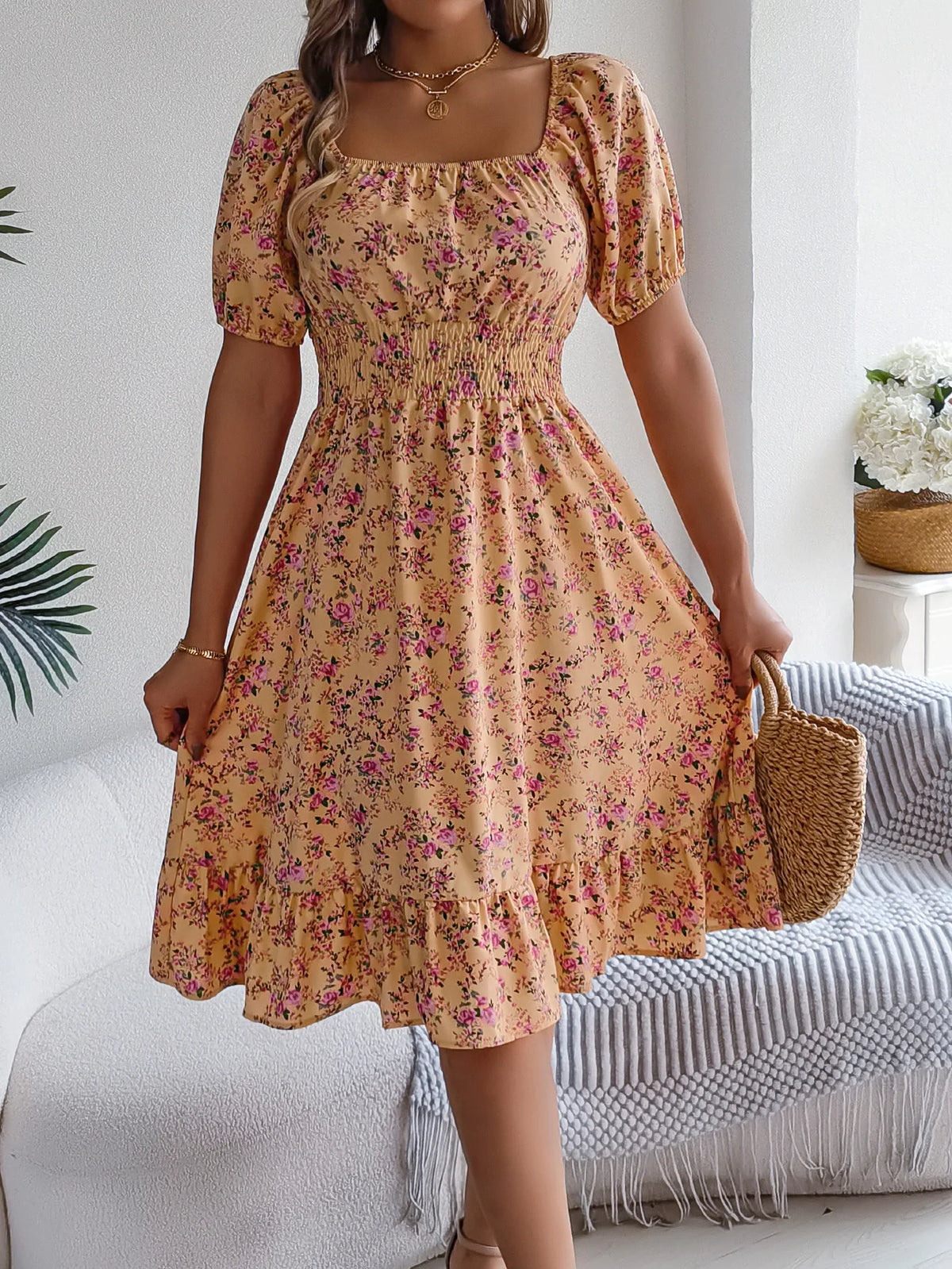 Summer Women's Beach Dress Floral 3D Print Square Neck Short-Sleeved Ladies Waist Ruffled A-Line Dress For Women Holiday Dresses