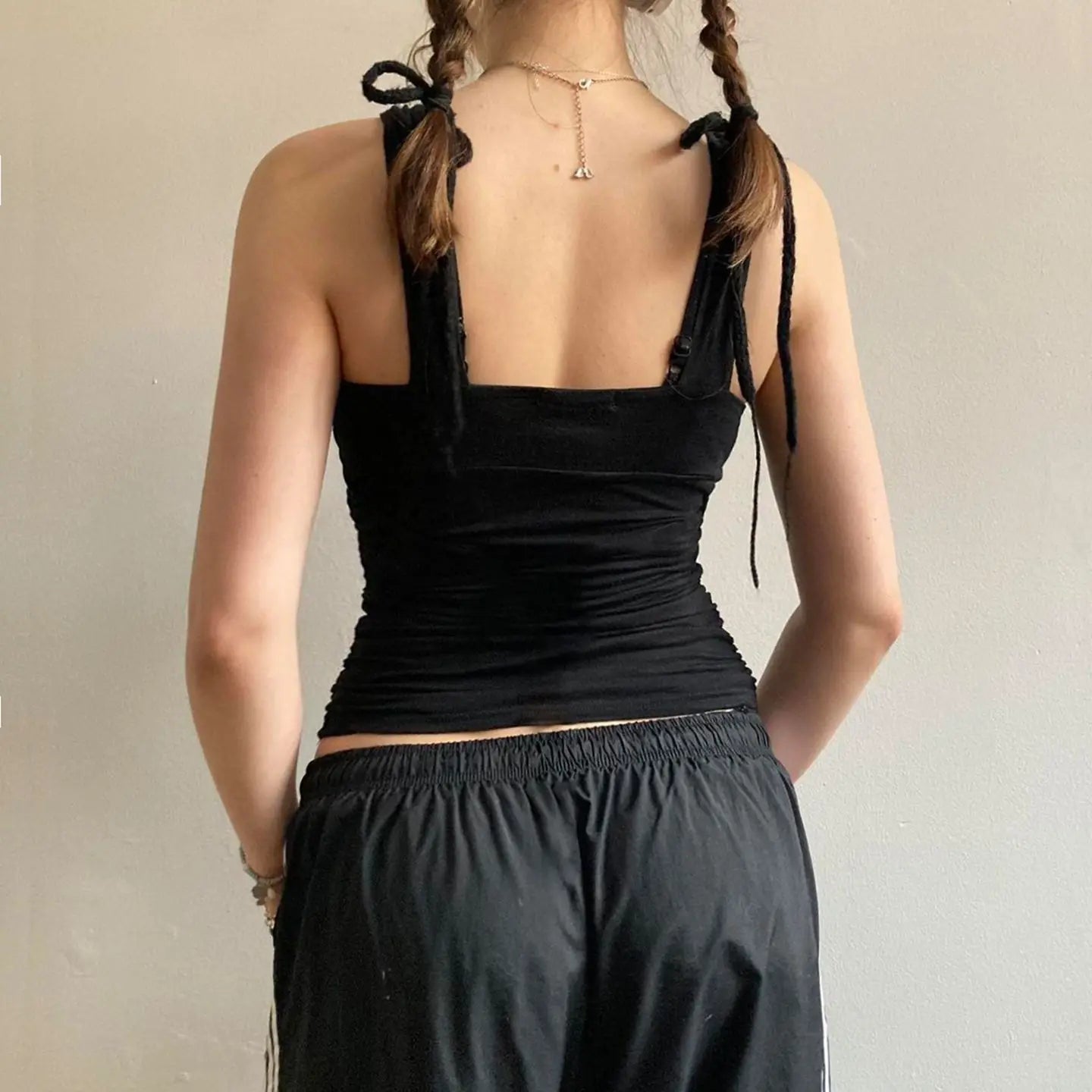 American retro style black printed suspender vest women T-shirt y2k millennium goth slim V-neck fashion top SS69