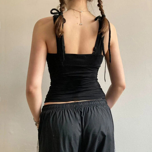 American retro style black printed suspender vest women T-shirt y2k millennium goth slim V-neck fashion top SS69