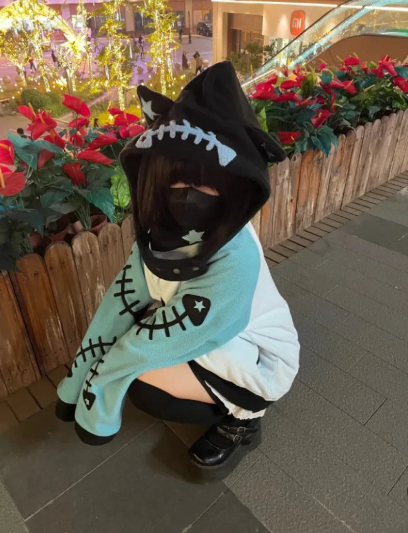 Japanese Punk Cat Ear Hoodie with Fish Bone Zip-Up