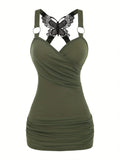 New European and American women's pleated suspenders butterfly lace cross vest in spring and summer of 2024 SS69 23.69 pitch green / XL