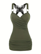 New European and American women's pleated suspenders butterfly lace cross vest in spring and summer of 2024 SS69 23.69 pitch green / XL