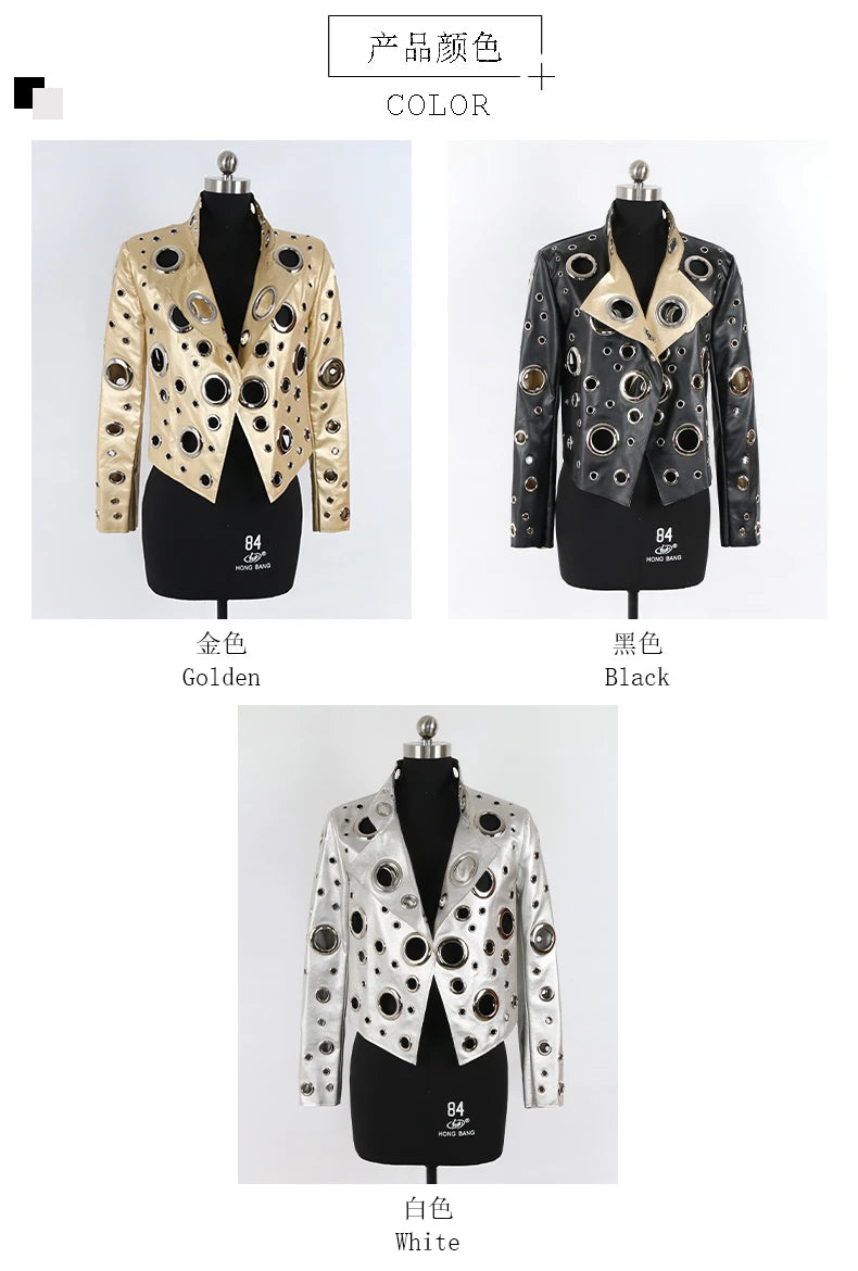 Nerazzurri Women's Faux Leather Jacket with Rivets & Hollow Out Detail