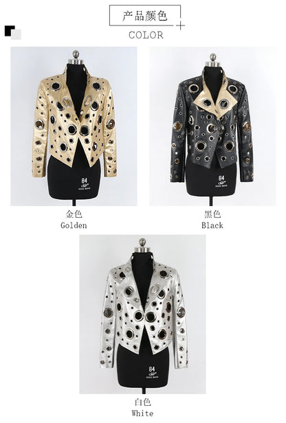 Nerazzurri Spring Autumn Short Hollow Out Pu Leather Jacket Women Rivet Cool Stylish Luxury Designer Clothes Runway Fashion 2024
