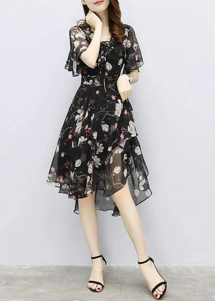 Women floral Chiffon Flower Dress 2026 trends new in Ladies Elegant V Neck short Sleeve korean style Summer Dress Female Clothes