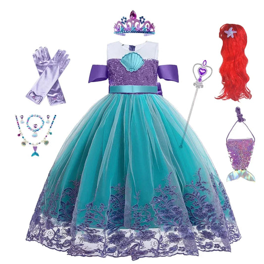 Supertaro Chen Ariel Princess Cosplay Dress for Girls, Floral Mesh Ball Gown