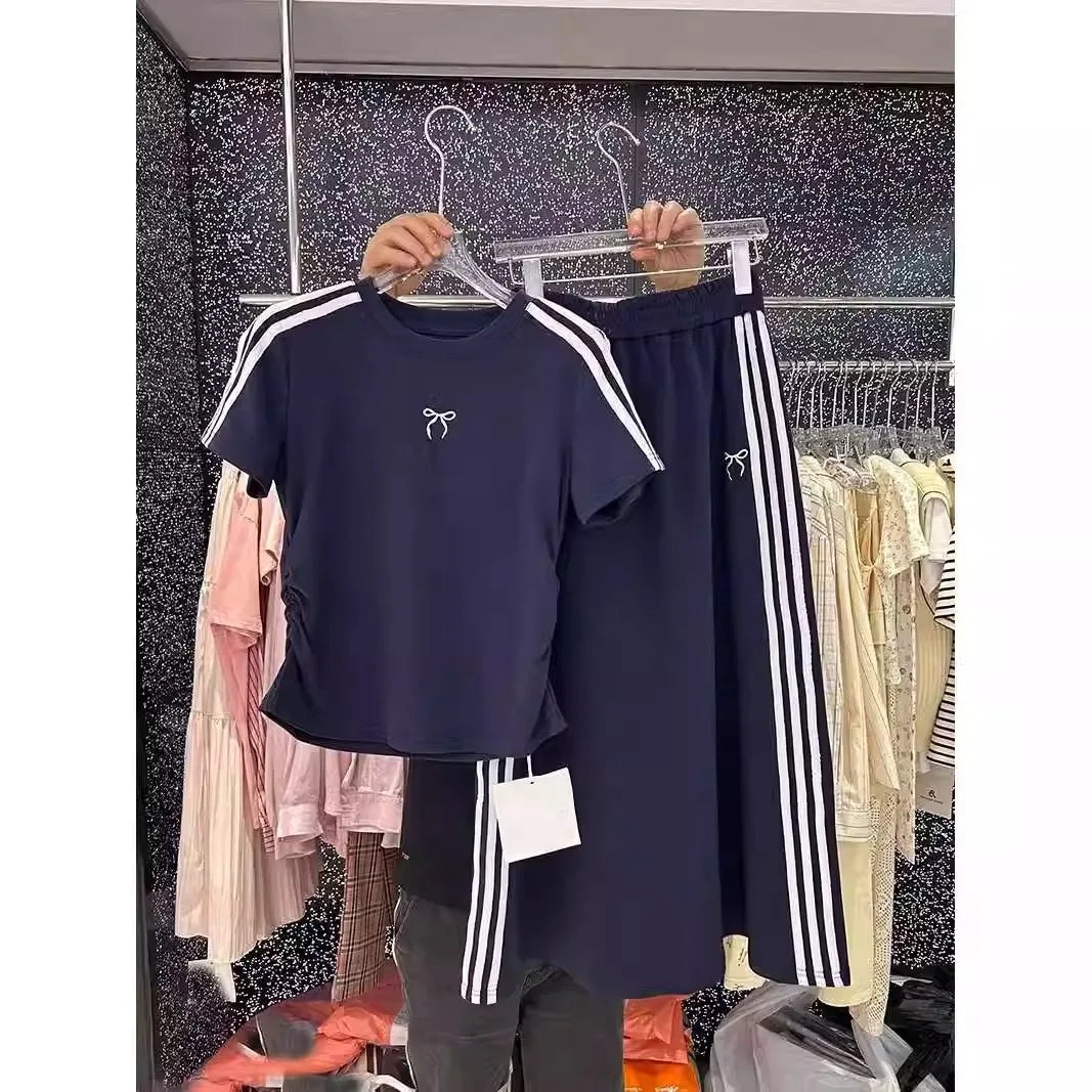 Oversized summer bow embroidery set women's short sleeve T-shirt + high Fanny pack hip skirt two-piece set SS69