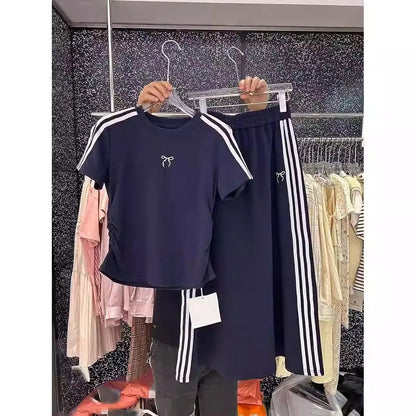 Oversized summer bow embroidery set women's short sleeve T-shirt + high Fanny pack hip skirt two-piece set SS69