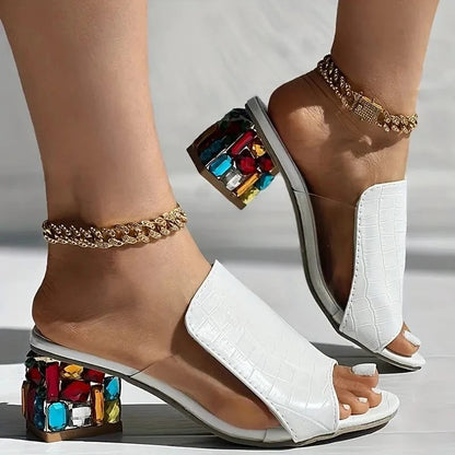 Women Crystal Sandals 2024 New Spring Summer Open Toe Sandals Square Heels Beach Fashion Sandals Women Sandalias De Mujer SS69