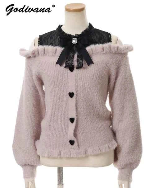 Liz Sweater Japanese Mass Production Autumn and Winter Woolen Off Shoulder Lace Slim Short Sweater Soft Furry Knitted Pullover