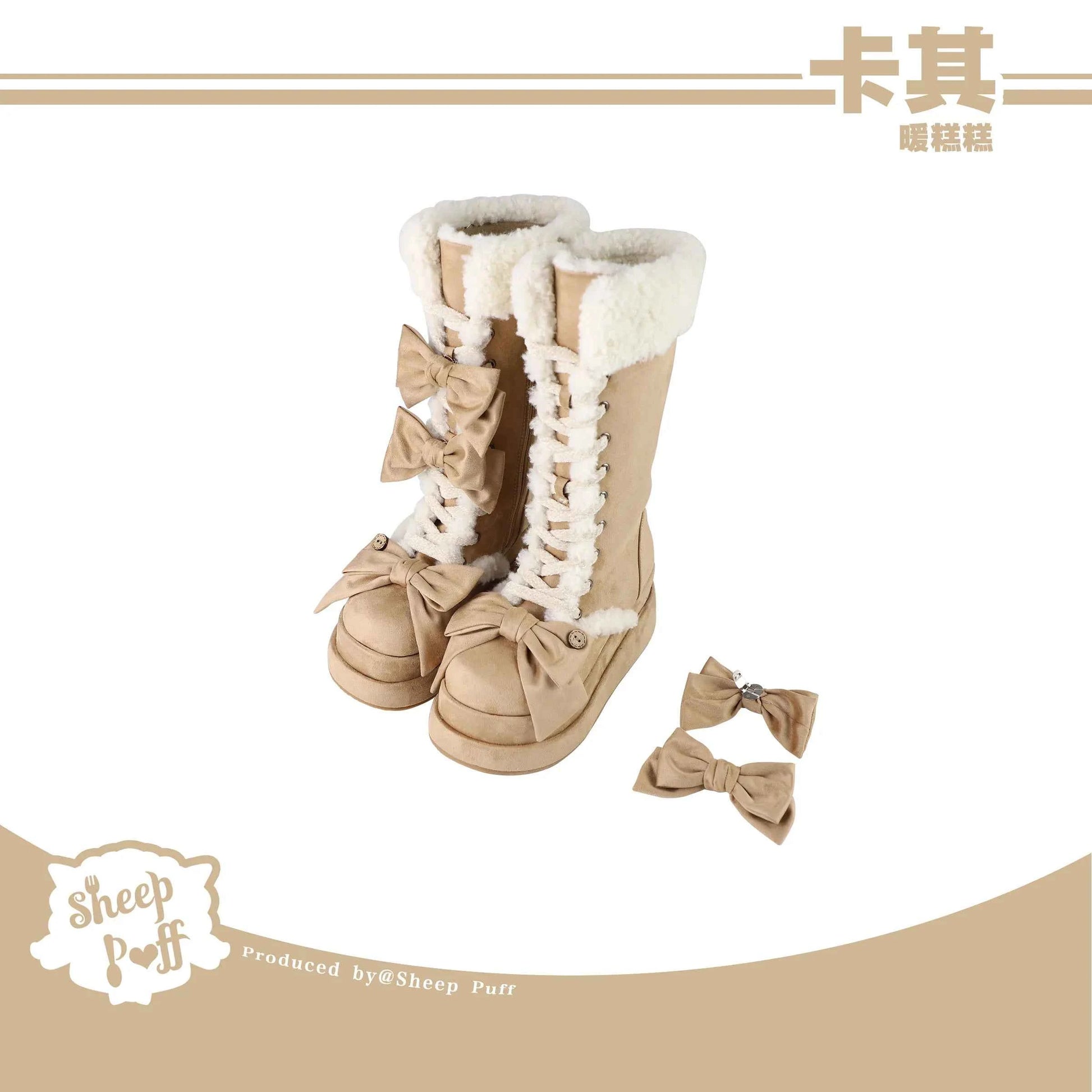 Lolita Winter Calf Boots Original Cute Bow Women's Warm Snow Boots Plush Warm Girl Female Suede Long Fur Boots