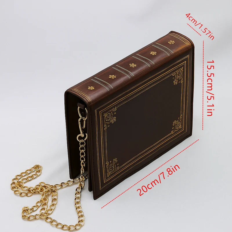 Book Look Handbag Old Brown Leather Book with Gold Design Shoulder Bag Purse