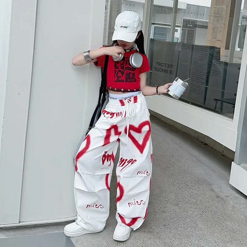 summer junior Girls Love Graffiti Casual Pants teenager girl Casual Hip Hop cargo pants kids Dance pants children clothes SS69