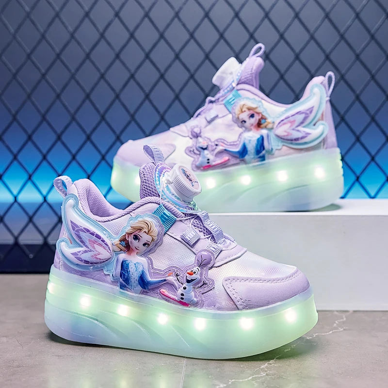 Disney Princess Two Wheels Children's Led Light Roller Skate Shoes For Girls 2025 Glowing Sports Luminous Sneakers