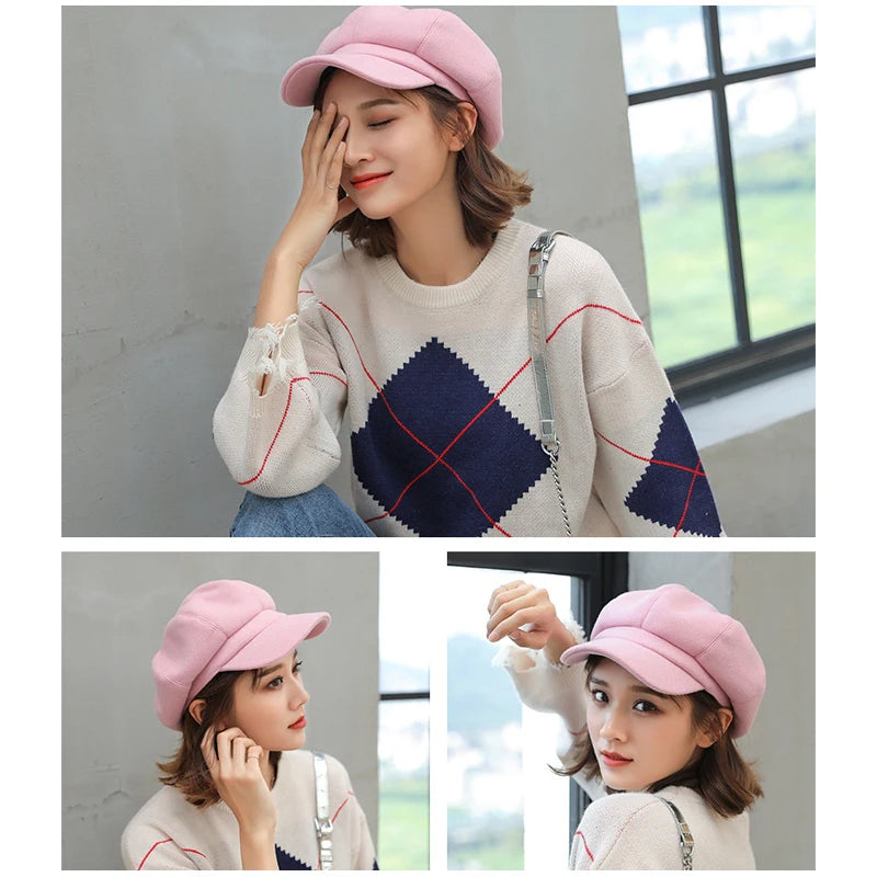 Woolen Octagonal Beret Hat for Women - Autumn/Winter Style