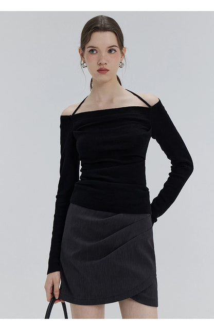 EGGKA Autumn One-shoulder Halter Neck Knitted Tops Women Slim Designer T-Shirts Slash Neck Long Sleeve Tops Korean Fashion Tees - SS69