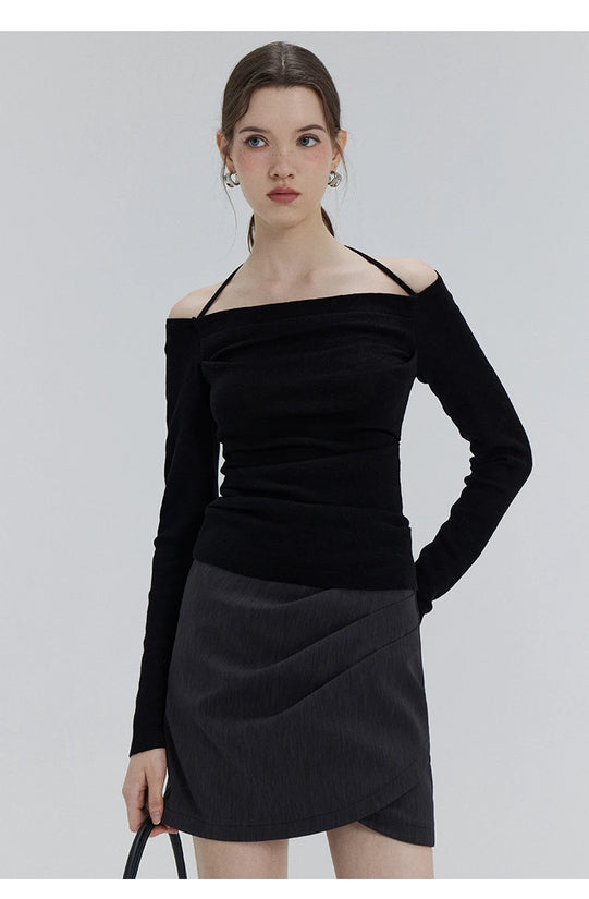 EGGKA Autumn One-shoulder Halter Neck Knitted Tops Women Slim Designer T-Shirts Slash Neck Long Sleeve Tops Korean Fashion Tees - SS69