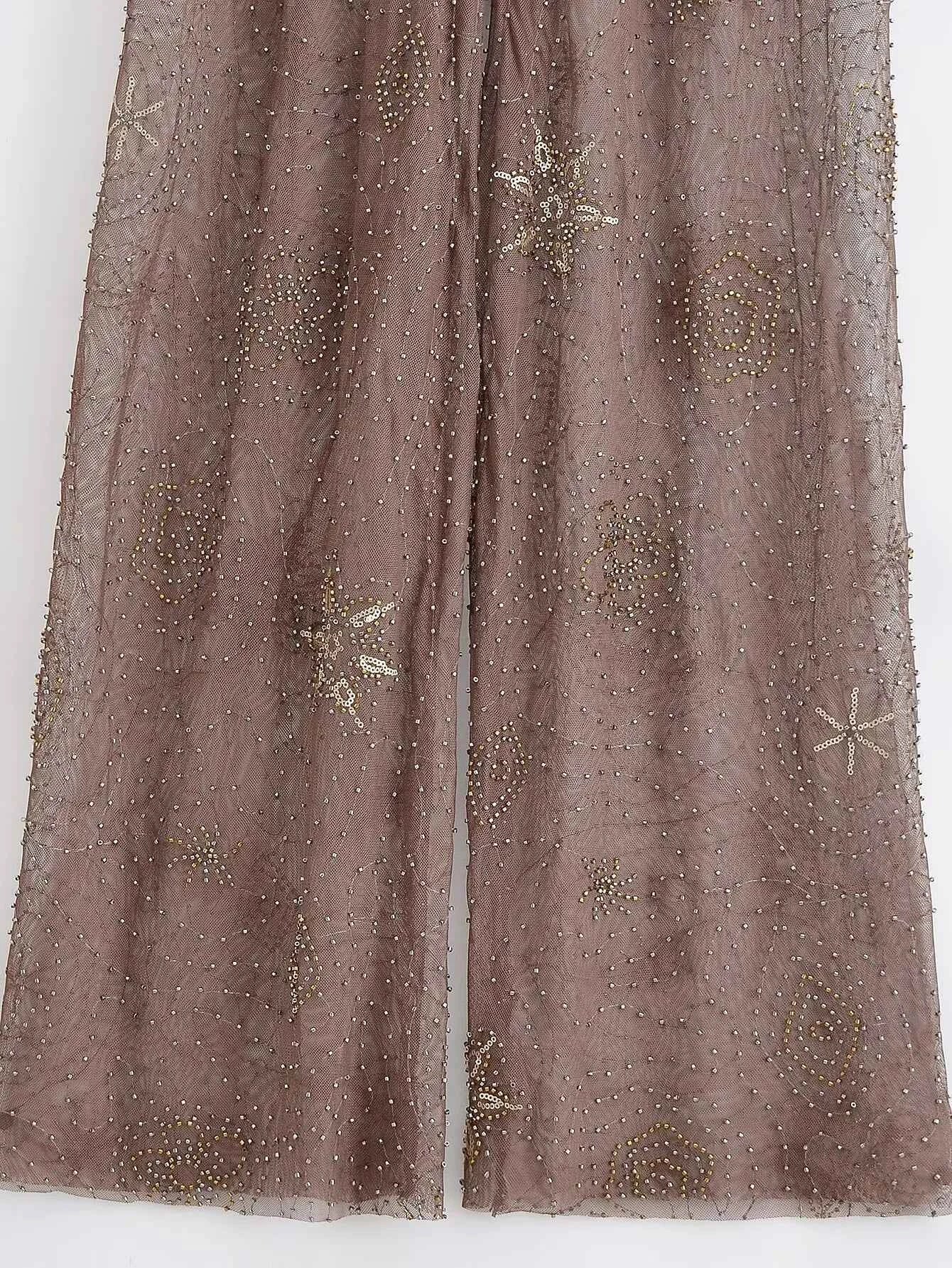Women Fashion Translucent Sequin Pants Vintage Brown Elastic Waist Straight Trousers Spring Summer Holiday Party Pant