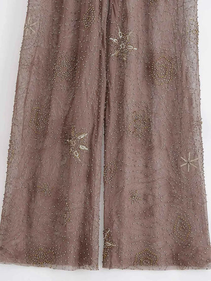 Women Fashion Translucent Sequin Pants Vintage Brown Elastic Waist Straight Trousers Spring Summer Holiday Party Pant