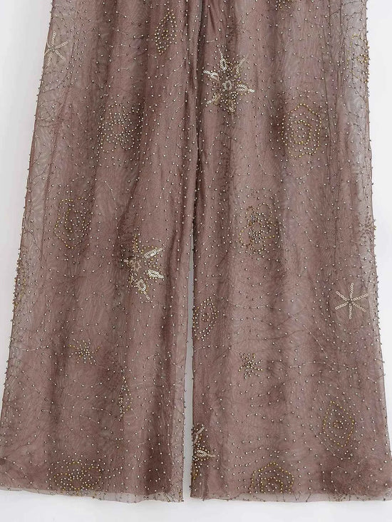 Women Fashion Translucent Sequin Pants Vintage Brown Elastic Waist Straight Trousers Spring Summer Holiday Party Pant