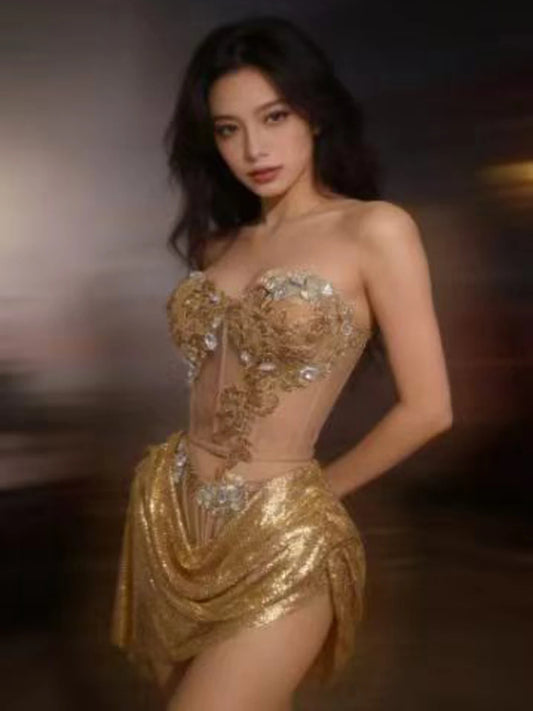 Draped sequins Skirt 2 Piece Women Gold Rhinestone Corset Outfit Sparkly Crystal Stage Costume Club Party Bar Performance Dance