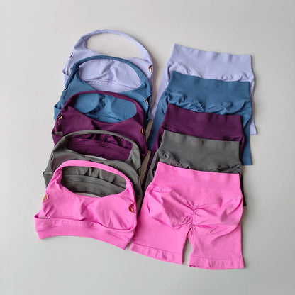 2 Pieces Yoga Suit for Women Seamless Fitness Gym Clothes Halter Sports Bra Matching Impact Shorts Workout Sets Gym Outfit SS69