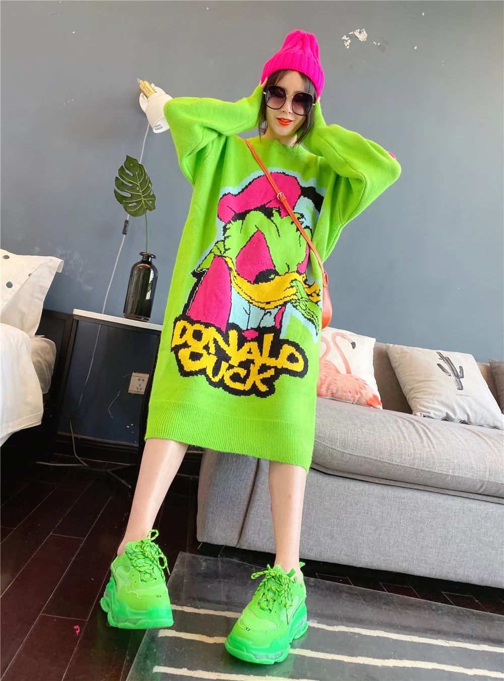 Korean Long-Sleeved Pullover Sweater Loose Fashion Women Autumn Winter Cartoon Embroidered Thickened Long Section Knitted Top SS69