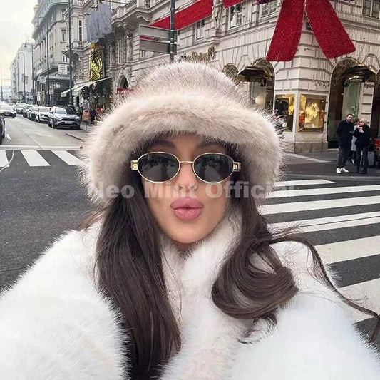 Neo Mint 2025 Winter Hot Brand Fashion Gradient Faux Fur Bucket Hats Women Thick Warm Fluffy Fox Fur Luxury Panama Fisherman Cap