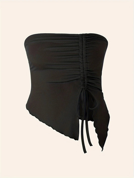 Spring and Summer New Drawstring Red Valentine's Day Party Ins Style Young Slit Asymmetrical Slim Off-Shoulder One-Shoulder Sexy Women's Top Wrapped Chest Vest SS69 10.69 Black / XS