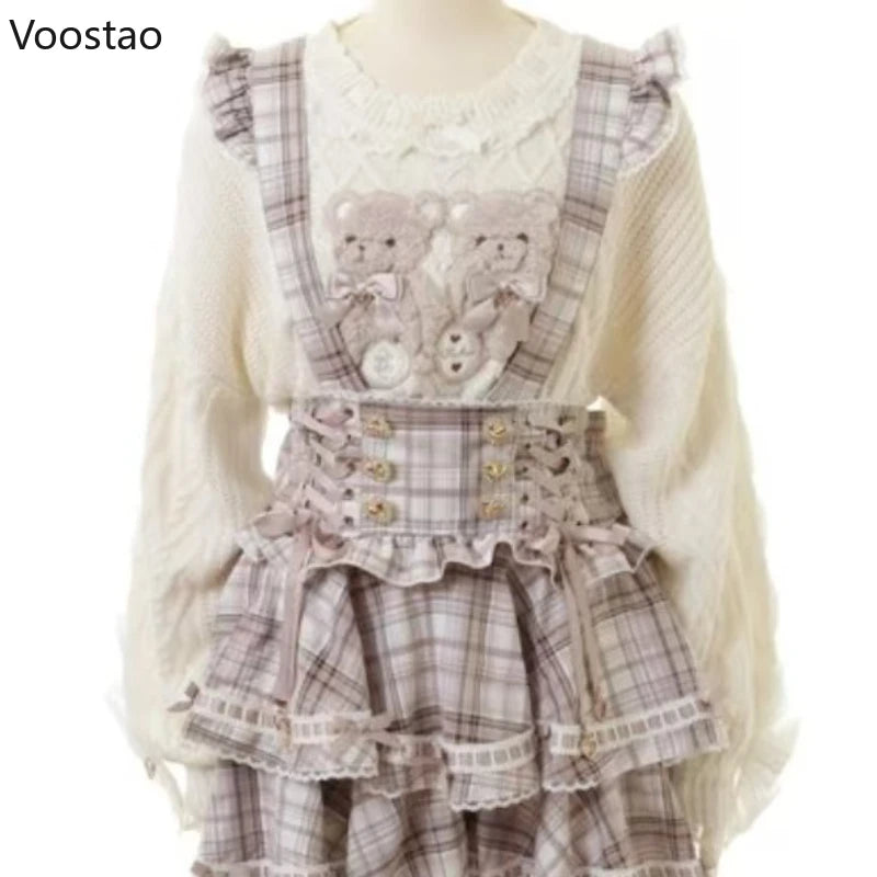 Sweet Lolita Bear Embroidery Knit Sweater with Puff Sleeves