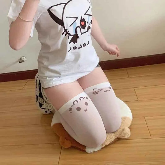 SS69 Japanese Kawaii Expression Thigh High Socks - White Plaid Over Knee