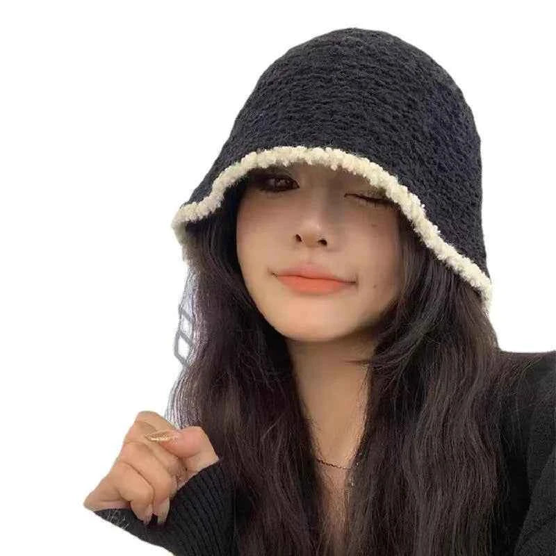 Winter contrasting warm fisherman hat ins ear protection bucket hat with fleece autumn and winter knitted hat