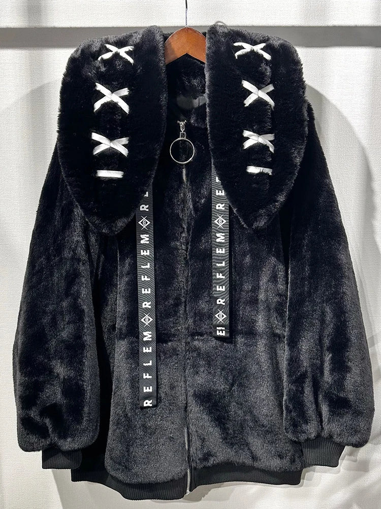 Nerazzurri Winter Sweet Cute Kawaii Soft Thick Warm White Faux Fur Coat Women with Bunny Ears Cute Fluffy Jacket Hoodie 2024 SS69