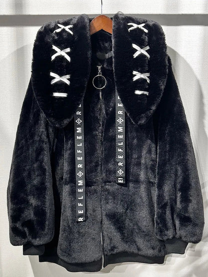 Nerazzurri Winter Sweet Cute Kawaii Soft Thick Warm White Faux Fur Coat Women with Bunny Ears Cute Fluffy Jacket Hoodie 2024 SS69