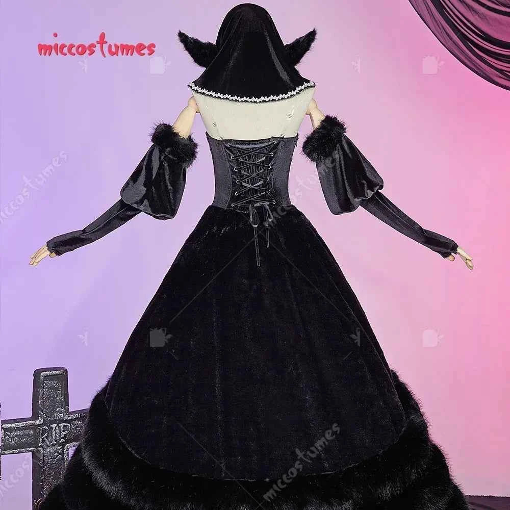 Miccosumes Women's Marcille Donato Cosplay Costume Black Dress Set with Headscarf Sleeves and Ears
