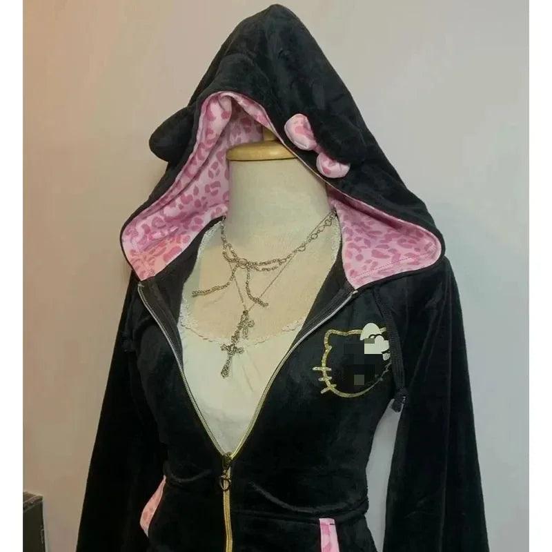 Streetwear Y2K Womens Pullover Hoodie Retro Harajuku Pink Leopard Print Patchwork Sweatshirt Fashion Trend Sportswear Hoodie Top SS69