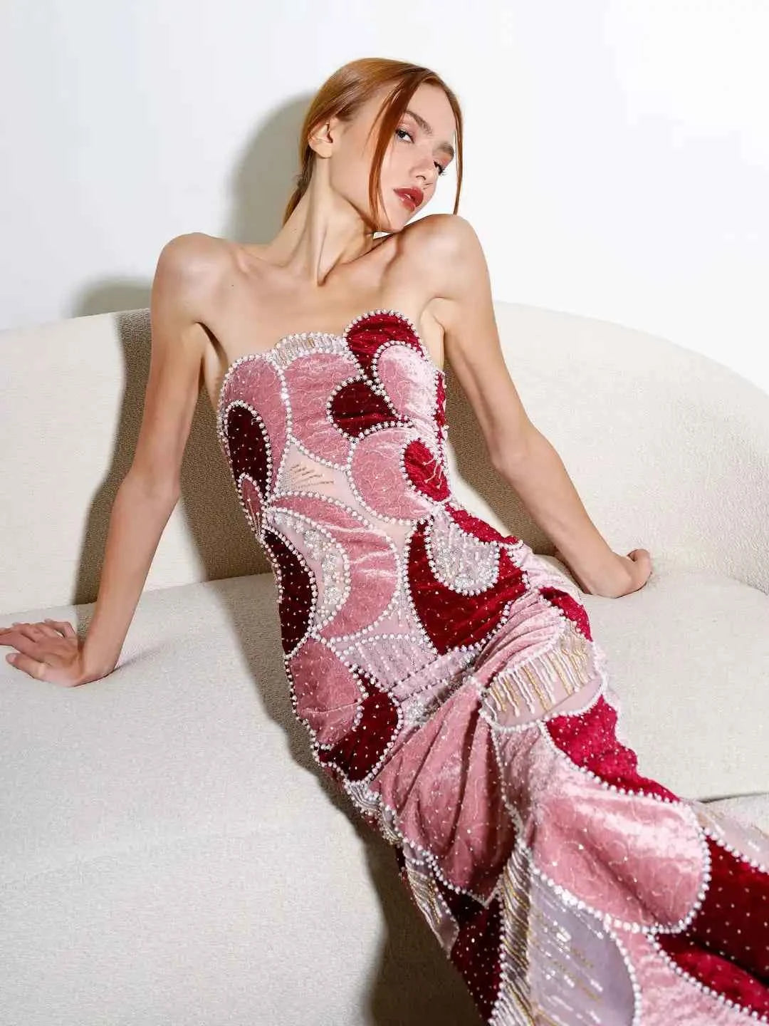 Customized Luxury Retro Trend Sheath Strapless Geometric Pattern Beaded Sequins Pearls Mesh Midi Evening Prom Formal Party Dress