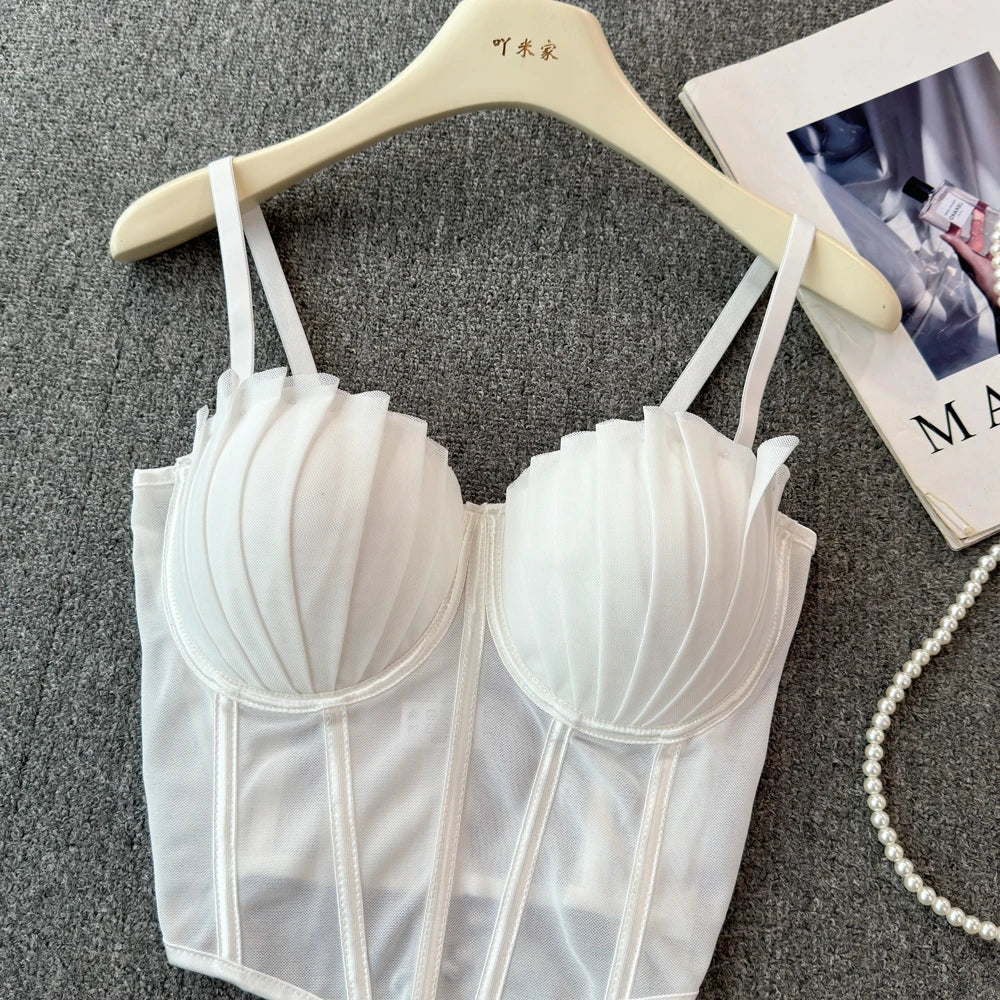 korean fashion mesh summer Fashion fishbone camis Corset  Slim Hotsweet Tank Top Women sweet crop top SS69