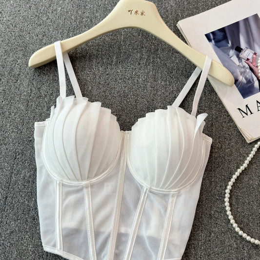 korean fashion mesh summer Fashion fishbone camis Corset  Slim Hotsweet Tank Top Women sweet crop top SS69